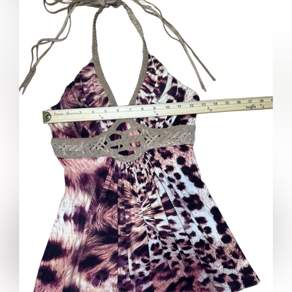 Sky Top Western Leopard Chic Leather Halter Top Strappy halter tie straps XS y2k - Picture 11 of 16